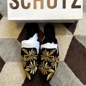 Schutz Black w/ Gold Floral-Embroidered Mules